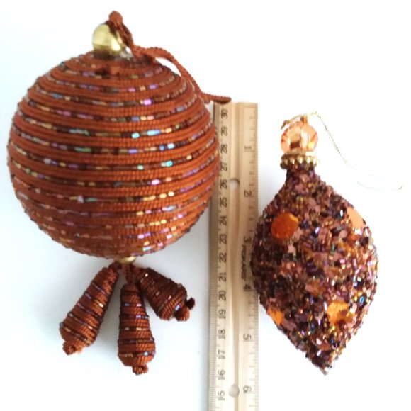 2 Vintage Beaded Christmas Ornament Sequins Beads Dangle Tassel Brown sparkle - Picture 4 of 6